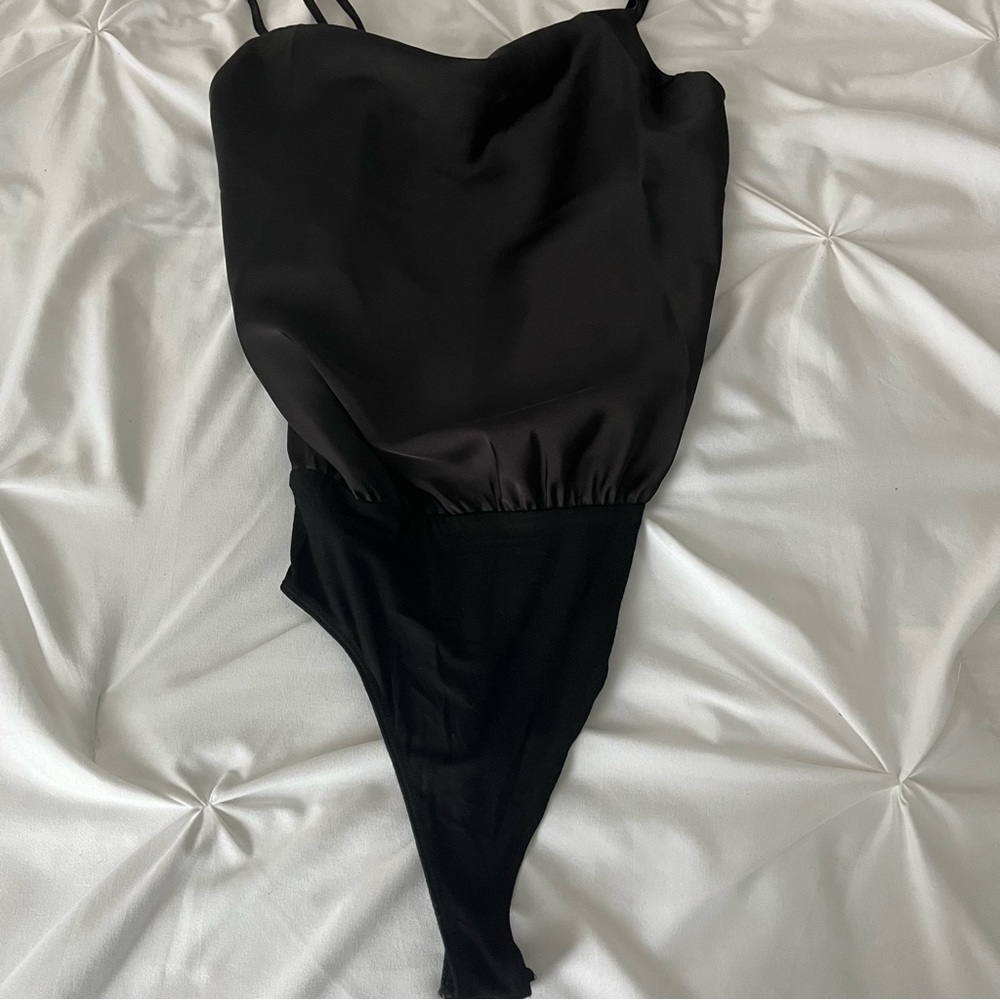 Saslax Satin Drape Cowl Neck Sleeveless Spaghetti Strap Cami Bodysuit Black XS - Picture 2 of 5